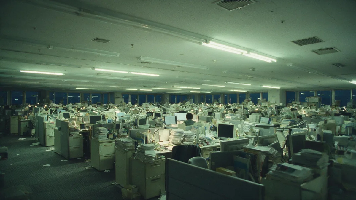 Escritório aberto e lotado à noite, sob luz fluorescente